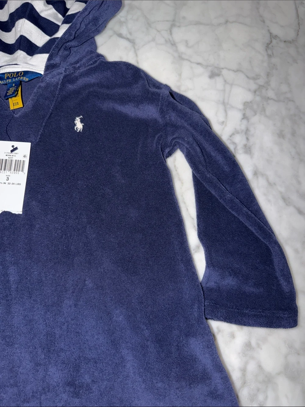 NWT Polo by Ralph Lauren Navy Hooded Terry with Striped Hood Lining 3Y